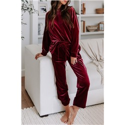 Fiery Red Solid Velvet Two Piece Lounge Set