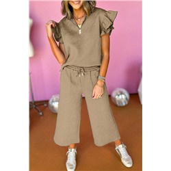 Pale Khaki Textured Flutter Sleeve Top Wide Leg Pants Set