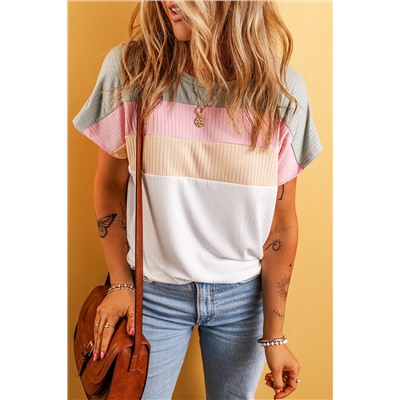 White Ribbed Color Block Patchwork T-shirt