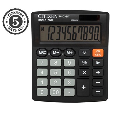Калькулятор настольный Citizen "SDC-810NR", 10-разрядный, 102 х 124 х 25 мм, двойное питание, чёрный