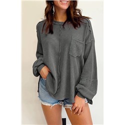 Gray Exposed Seam Patchwork Bubble Sleeve Waffle Knit Top