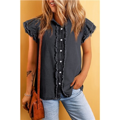 Black Button Front Ruffled Flutter Frayed Denim Top