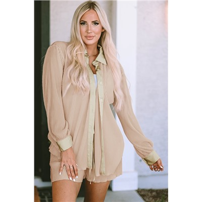 Apricot Pleated Long Sleeve Shirt and Shorts Lounge Set