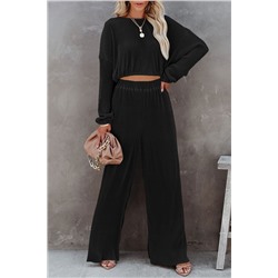 Black Corded Cropped Pullover and Wide Leg Pants Set