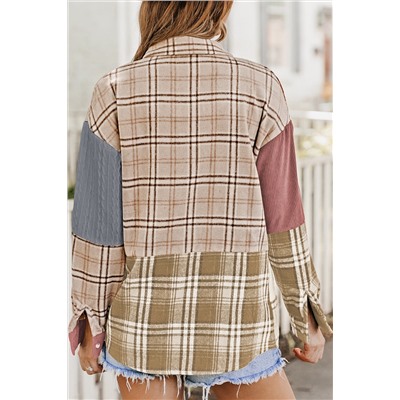 Pink Plaid Color Block Patchwork Shirt Jacket with Pocket