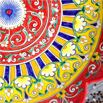 Ляган Риштанская Керамика "Цветы", 42 см, красный, рифлённый