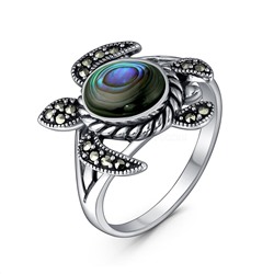 Кольцо из чернёного серебра с натуральным перламутром и марказитами -Черепаха