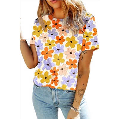 Orange Summer Flower Print Casual Round Neck T Shirt