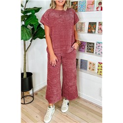 Rose Pink Mineral Wash Corduroy Short Sleeve and Crop Pants Set