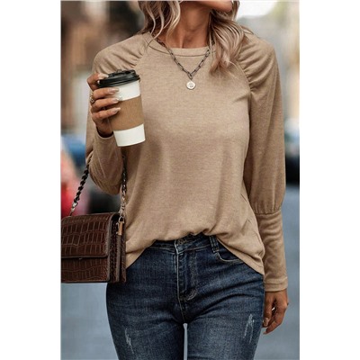 Pale Khaki Solid Ruched Raglan Sleeve Knit Top