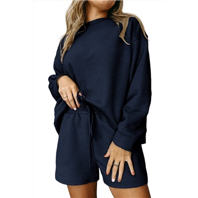 Navy Blue Textured Long Sleeve Top and Drawstring Shorts Set