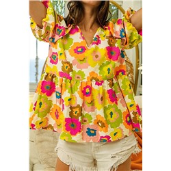 Green Floral Print V Neck Puff Sleeve Summer Blouse