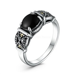 Кольцо из чернёного серебра с натуральным ониксом и марказитами