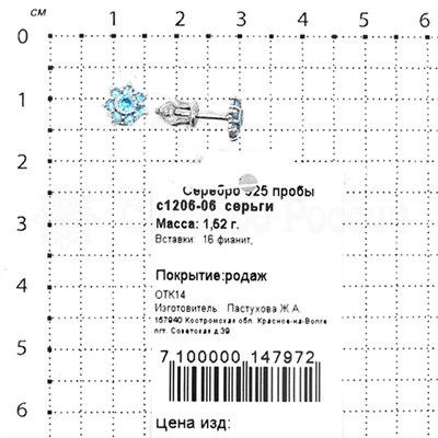 Серьги-пусеты из серебра с фианитами родированные 925 пробы с1206-06