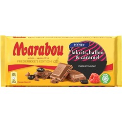 Шведский молочный шоколад с кусочками малины и лакрицы Marabou Lakrits, Hallon & Caramel 185 гр