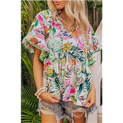 White Tropical Floral Print Ruffled Short Sleeve Blouse