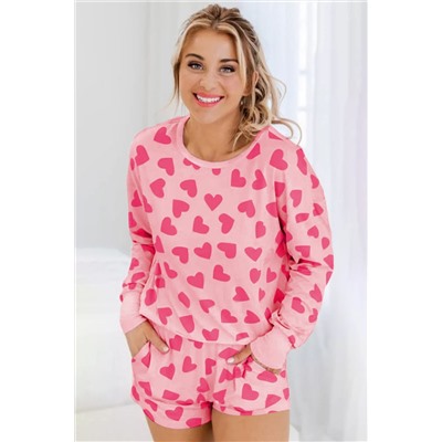 Pink Valentine Heart Shape Print Long Sleeve Top Shorts Lounge Set