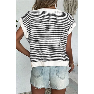 Black Stripe Ribbed Trim Loose Fit Knitted Sweater Vest