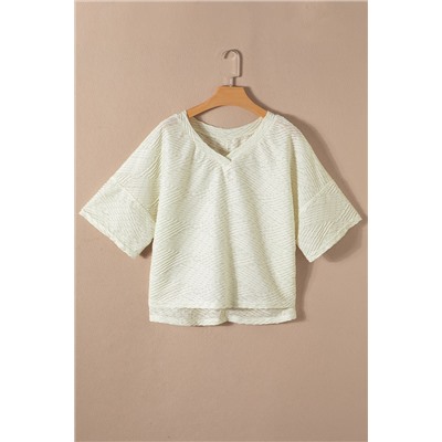 Beige V Neck Textured Split Hem Oversized Top