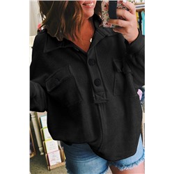 Black Plus Size Long Sleeve Flap Pocket Henley Top