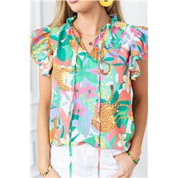 Green Frilly Ruffle Tie Split Neck Summer Floral Blouse