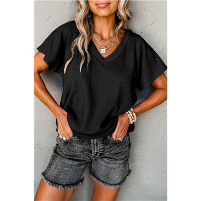 Black Crinkled V Neck Wide Sleeve T-shirt