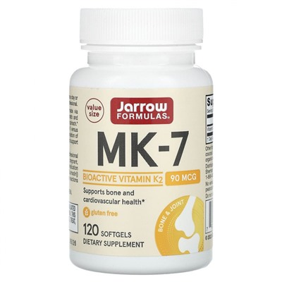 Jarrow Formulas, MK-7, витамин K2 в форме MK-7, 90 мкг, 120 мягких таблеток