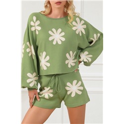 Green Flower Print Bubble Sleeve Knitted Sweater and Shorts Set