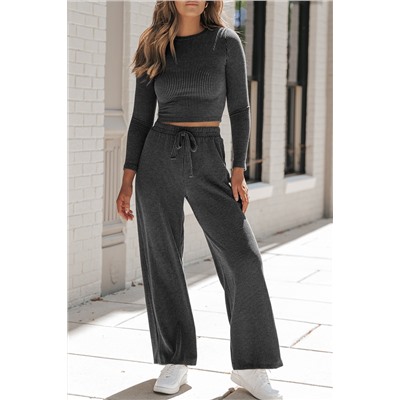 Carbon Grey Corded Long Sleeve Top Wide Leg Pants Set