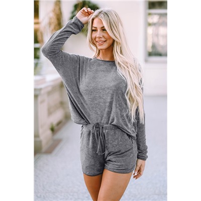 Gray Long Sleeve Top and Drawstring Shorts Lounge Set