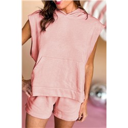 Light Pink Solid Color Sleeveless Hoodie and Shorts Set