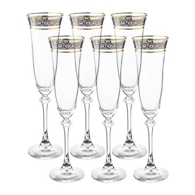 Набор бокалов для шампанского Asio, декор «Панто платина, отводка золото», 190 мл x 6 шт.