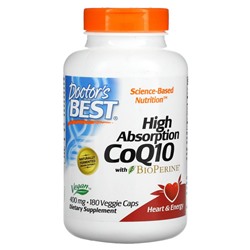 Doctor's Best, коэнзим Q10 с высокой степенью всасывания, с BioPerine, 400 мг, 180 растительных капсул