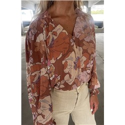 Brown Frilled V Neck Bubble Sleeve Floral Blouse