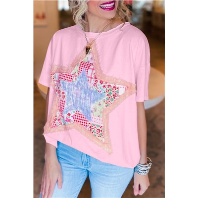 Pink Star Patchwork Loose T-shirt