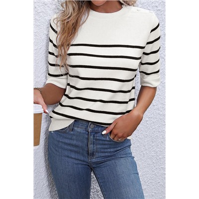 White Stripe Striped Half Sleeve Knitted Tee