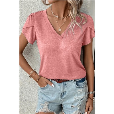 Rose Tan Fashion Petal Sleeve V Neck T Shirt