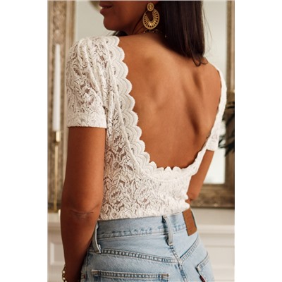 White Lace Short Sleeve Scalloped Trim Open Back Bodysuit