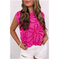 Bright Pink Button Sides Sleeveless Floral Knitted Top