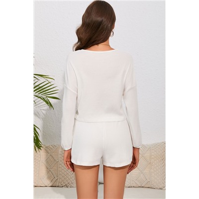 White Waffle Knit Buttoned Long Sleeve Crop and Shorts Lounge Set