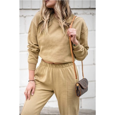 Khaki Round Neck Sweatshirt 2pcs Joggers Sweatsuit