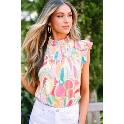 Yellow Abstract Print Smocked Collar Ruffled Sleeve Blouse