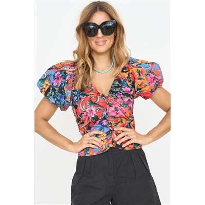 Orange Floral Print Puff Sleeve Ruched V Neck Blouse