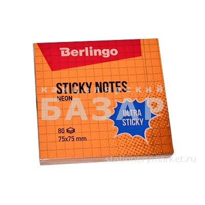 Самоклеящийся блок Berlingo "Ultra Sticky", 75*75мм, 80л, в клетку, оранжевый неон