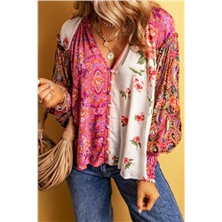 Multicolor Floral Patchwork Shirred Cuff Buttoned V Neck Blouse