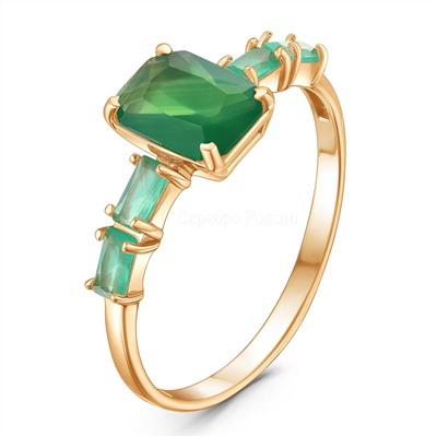 Кольцо женской из золочёного серебра с натуральным зелёным агатом и лунным плавленым кварцем цвета лунный мятный 925 пробы 1-405з46132