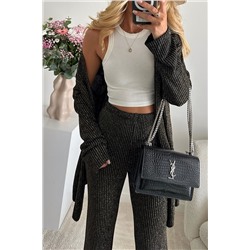 Black Metallic Ribbed Cardigan and Flare Pants Outfit