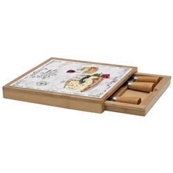 Набор д/сыра: доска, выдвижной ящик с 4-мя ножами, бамбук/стекло "FROMAGE" (цветной) в подарочной уп