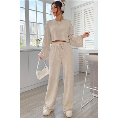 Khaki Ribbed Knit Bell Sleeve Crop Top Drawstring Pants Set