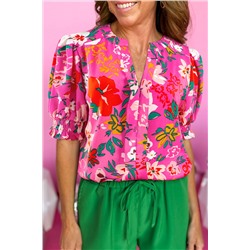 Rose Floral Printed Split V Neck Puff Sleeve Blouse